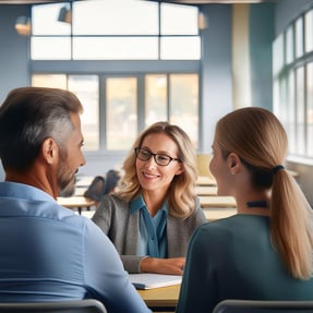 Firefly parents talking to a teacher in a classroom with no students in the room 98821